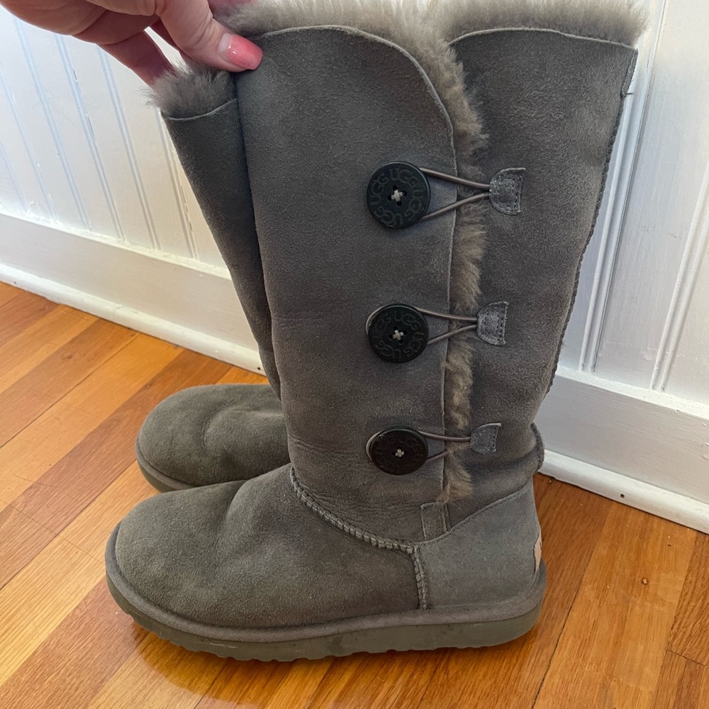 Gray UGG Bailey Suede Button Triplet Water-Repellent Tall Boots Size 8
